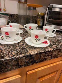 Vintage Milk Glass Rose Cup and Saucer Set