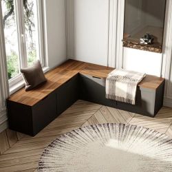 63 in. W Black and Wood Grain L-Shaped Dining Storage Bench, Breakfast Nook Seating without Back with 2 Compartments