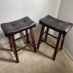 Set Of 2 Leather Top Counter Stools