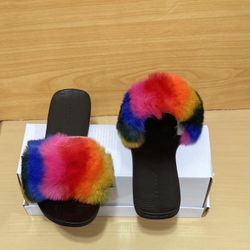 Bamboo Women’s Flat Slides FULL MOON Multicolor Fur Straps Sz 6 No Heels “NEW”