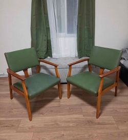 Pair of Mid-Century Armchairs Green Vinyl