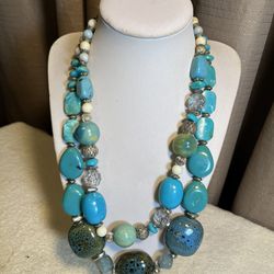 Silver Tone Faux Turquoise & Jade 2 Strand Necklace