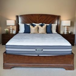 King Thomasville Sleigh Bed Frame and Simmons Beautyrest Black 13.5" Mattress
