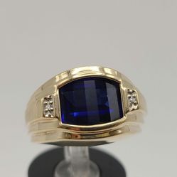 Synthetic Sapphire and Diamond Ring in 10kt Yellow Gold, Vintage Estate Ring, September Birthstone, Size 10.75 