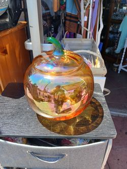 Princess House Large Iridescent Orange Crystal Pumpkin Jar