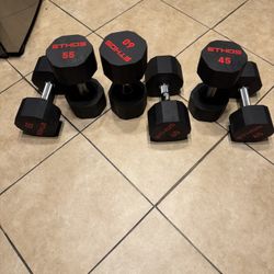 Brand new Ethos rubber dumbbells weights 60,55,and 45lbs pairs 1$ a pound firm price