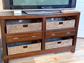Wood TV Stand with Wicker Basket Storage