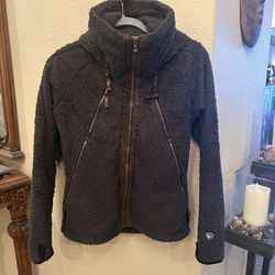 KUHL Women Brown Flight Fleece Vintage Microsuede Hoodie Zip Jacket Size Small
