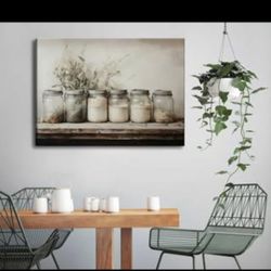 Farm Kitchen Canvas Wall art Rustic Vintage Country Mason Jar Spice Still Life