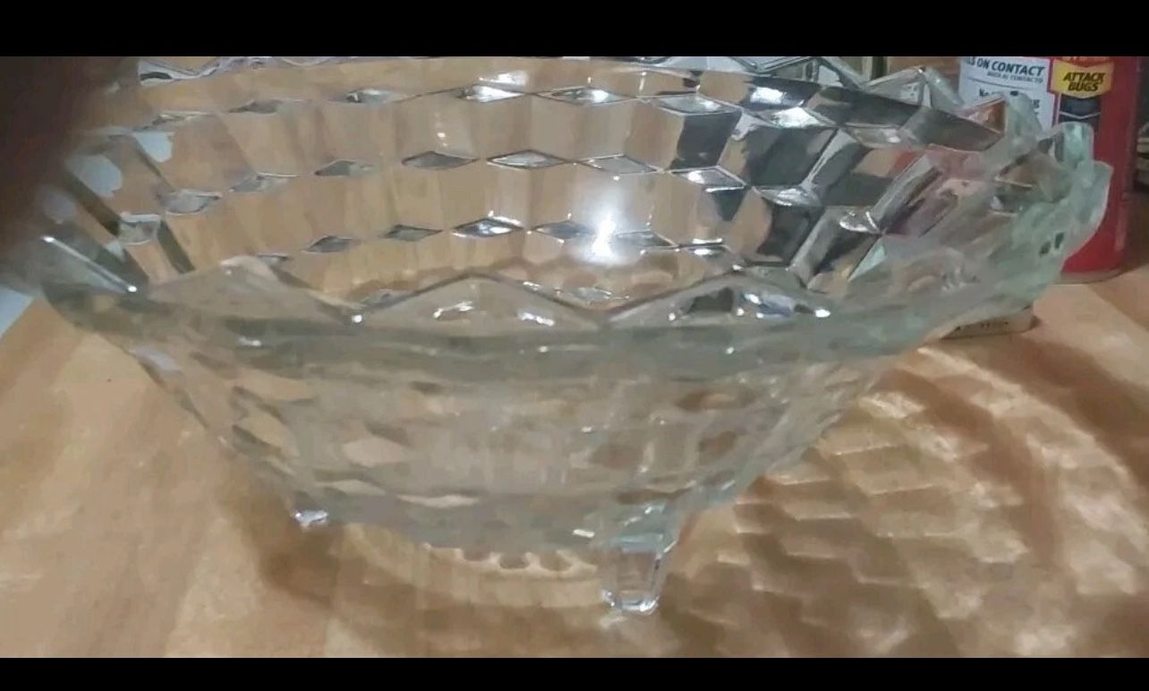 Vintage 10" INDIANA GLASS WHITEHALL CUBIST Clear Glass 3-Toed Footed Bowl
