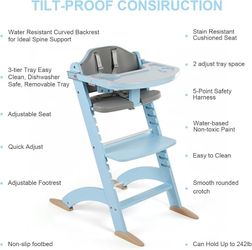 Cowiewie New Upgrade 3-in-1 Convertible Wooden High Chair for Babies & Toddlers 10 Levels Adjustable 3-Tier Remove 2 Waterproof Cozy Cushions Blue