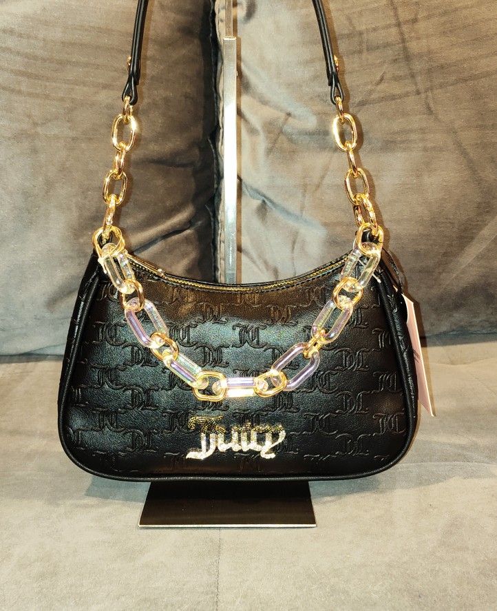 NWT JUICY COUTURE BLING BLING BLACK LICORICE MONOGRAM EMBOSSED SHOULDER BAG FEATURING A METAL MULTICOLOR RHINESTONE "JUICY" LOGO