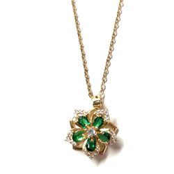 Green Jade Emerald Gold Plated Turn Move Flower Necklace Pendant 
