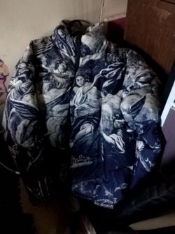 Navy Blue Puffer Jacket with Classical Art Print