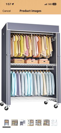 Black Clothing Rack with Black Cover, P1C Plus Rolling Closet with Wheels, Metal Garment Rack for Hanging Clothes, Clothing Storage Wardrobe, 46" W x 