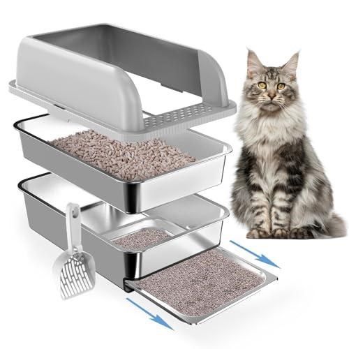 23.6"x15.7"x6" Enclosed Stainless Steel Litter Box with Lid, XL Sifting Litter Box for Pine Pellets with Removable Drawer Pan for Easy Cleaning, High 