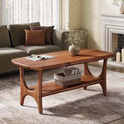 Solid Wood Coffee Table, 47.24" Rectangle Center Table With 2-Tier Storage
