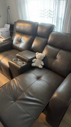 Dark Gray Leather Reclining Loveseat with Console