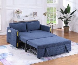55.5"W Navy Teddy Velvet Sleeper Loveseat with Dual-Pull Sleeper Design