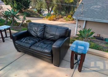 Modern Black Leather Living Room Set + Glass Tables