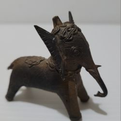 Coiled Brass Elephant Fertility Figurine Statue Vintage India Trunk Down 2.5" 