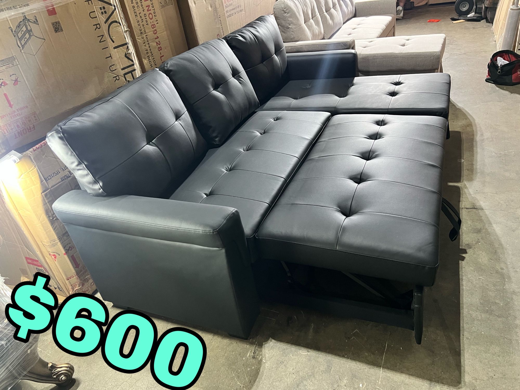 Beautiful New Sectional Sofa Bed W/ Reversible Storage Chaise in Black Leather Only $600!!!