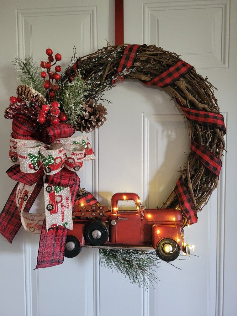 18" Merry Christmas Red Truck Wreath With Lights 