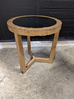 Round Wood Frame Side Table with Black Glass Top