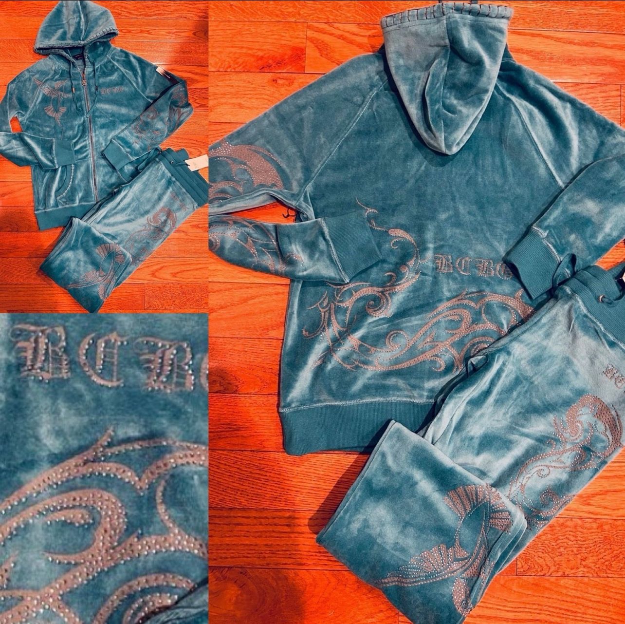 BCBGMaxAzria VTG TURQUOISE MONSOON BLUE studded embellished Velour TrackSuit S/M