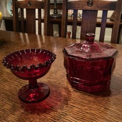 Vintage  Cranberry Glass Candy Dish  & Bowl With Lid