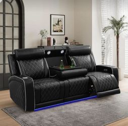 Black Leather Sofa w/ Power Reclining Seats+