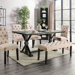 Brand New Rustic Antique Black  Beige 6pc Dining Table Set 
