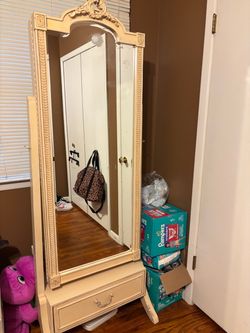 Vintage Floor Mirror with Drawer