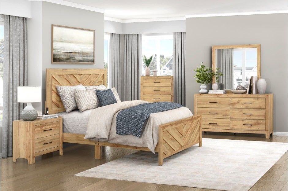 King Queen size 4PC Bedroom set Light Brown color Bed frame Dresser Mirror Night stand