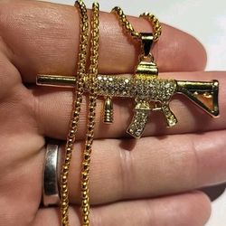 Mens Machine Gun CZ Pendant  Gold Plated 22"  Chain Necklace 