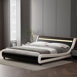 Full Size LED Bed Frame with Adjustable Headboard, Modern Upholstered Platform Bed with Wood Slats Support, No Box Spring Needed, Black+White