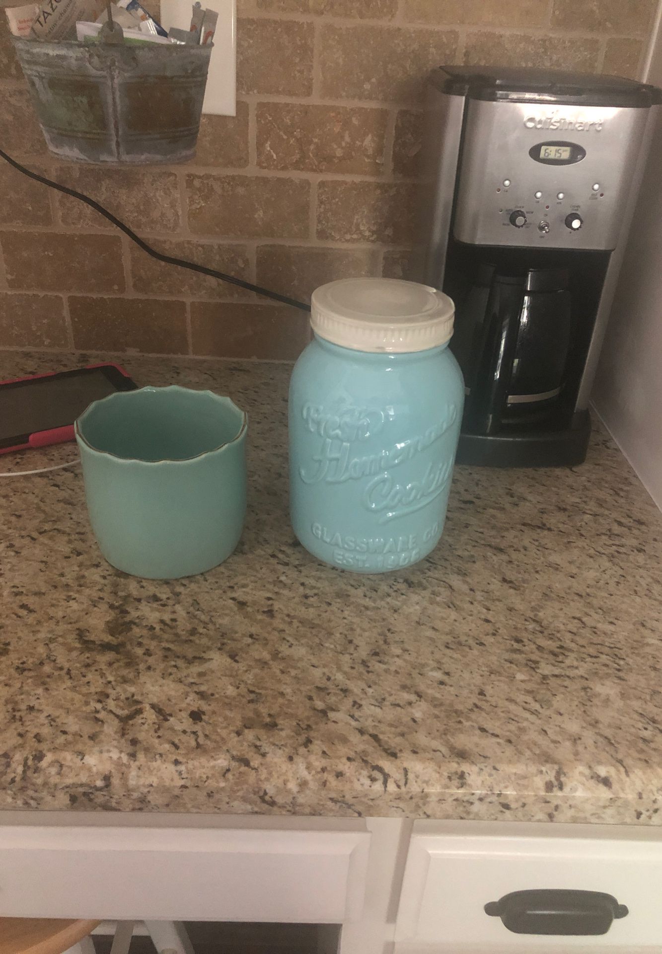 Teal cookie jar and flower pot