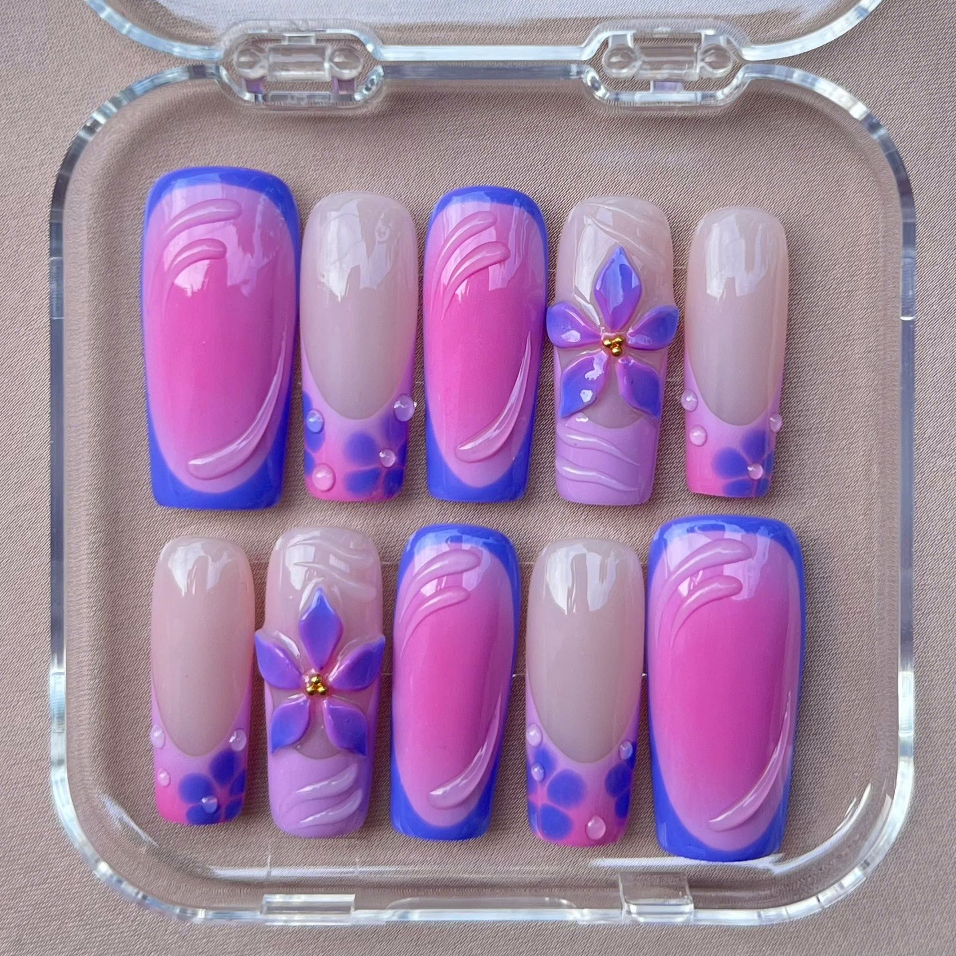 Purple & Pink Press-On Nails | 3D Flower & Dot Art Design | Bold & Fun Look 
