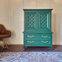 Green Italian Provincial Chest | Armoire |Highboy |Tall Dresser| Storage Chest | Console TV Stand | Bedroom Furniture |  Green Dresser