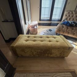 Glam Tufted Velvet Storage Bench – Gold/Mustard Velvet Storage Ottoman Bench with Nailhead Trim