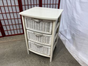White Wicker Basket Three Drawer Storage Cabinet