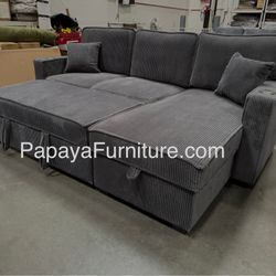 New! 89”L Reversible Grey corduroy Sectional Sofa Bed, Sectional Sofa Bed, Grey Sofa, Sleeper Sofa, Grey Couch, Reversible Sectional, Sectional Sofa W