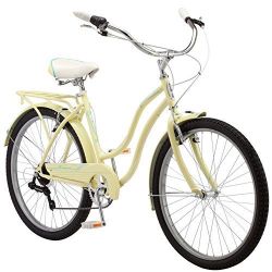 Schwinn Perla Adult Beach Cruiser Bike, Men and Women, 18-Inch Step-Through Steel Frame, 26-Inch Wheels, 7-Speed Twist Shifters, Rear Rack, Front and 