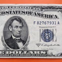 Vintage 1953 blue seal $5 bill silver certificate note old paper money American currency 
