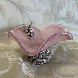 1950’s Pink Art Glass Pedestal Bowl With Silver-tone Grape & Fruit Details