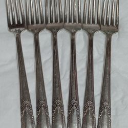 6 VINTAGE ARTISTIC 1940 ERA SILVERPLATE GRILLE VIANDE FORKS ONEIDA WM A ROGERS FLATWARE LOT.