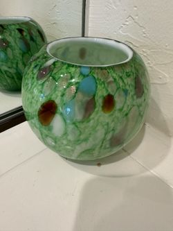 Vintage HQT Home Design Blown Art Glass 5" Round Multicolor Stunning Green Gold