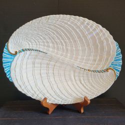 Vintage 1972 Hand Painted Opalescent & Teal Seashell Serving Platter 11.25" Long