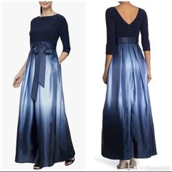 New SLNY Navy Wedgewood Blue Tie Waist Ombre Skirt Gown Formal Party Dress Sz-