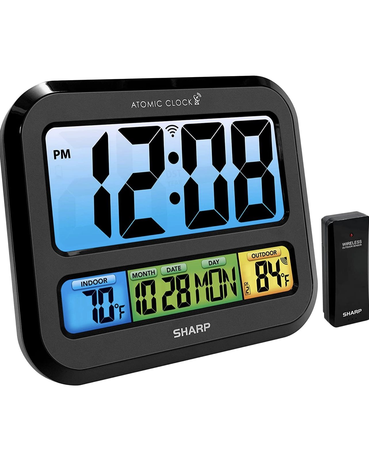 SHARP Atomic Clock – New Version with Always-On Bright Color Display, Atomic Accuracy, Jumbo 3" Easy to Read Numbers - Indoor/ Outdoor Temperature, Wi